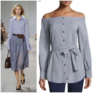 Michael Kors Collection $675 Gingham Off Shoulder Belted Runway Tunic Top 6